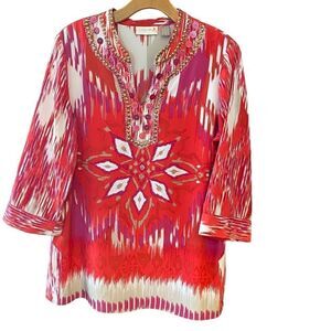 Chico’s Sz 0=SM 4 Pink Purple Gold Boho Bali Design Beaded Collar Flowy Top